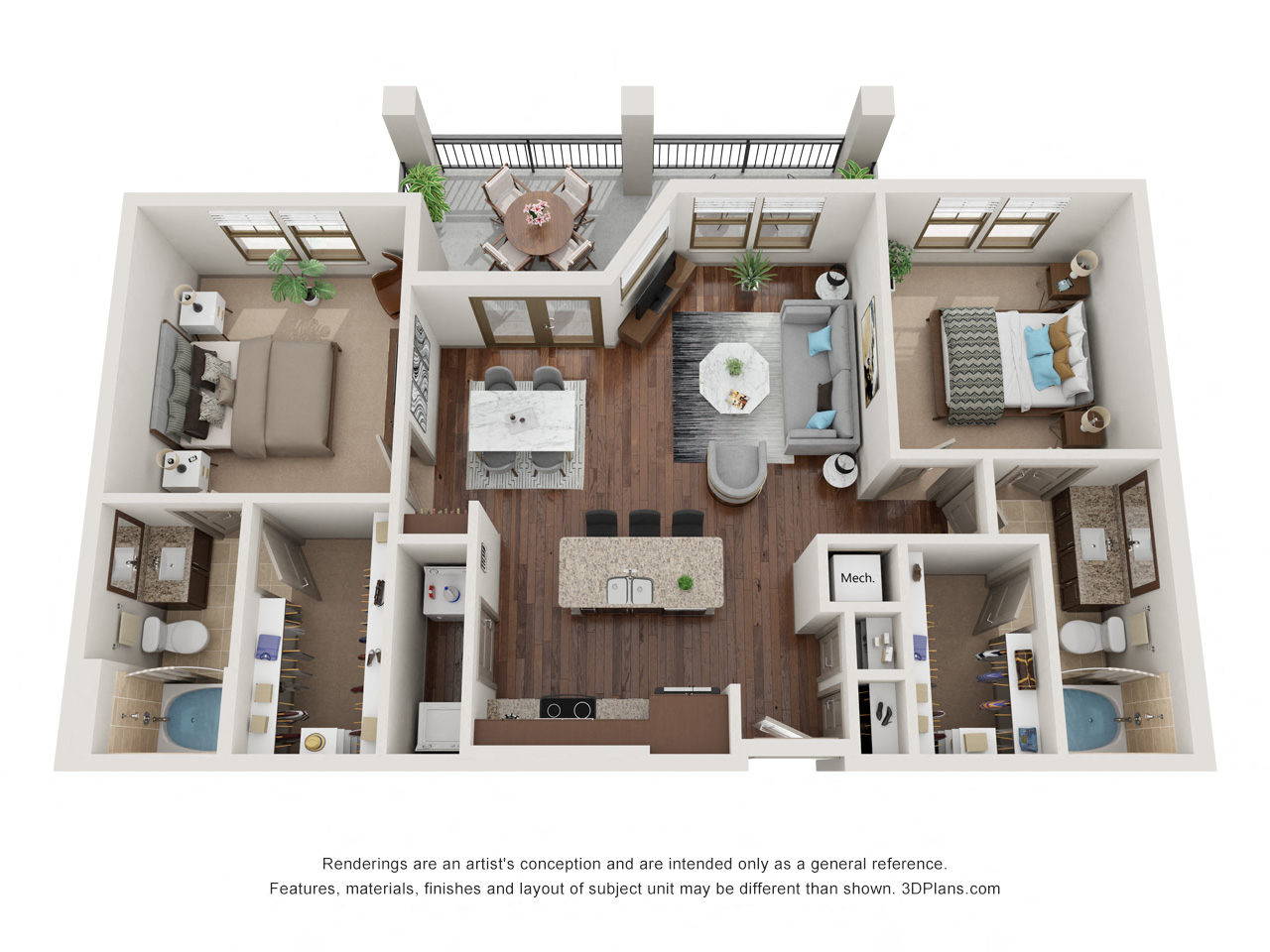Floor plan for 2 beds, 2 baths, 1070 sqft